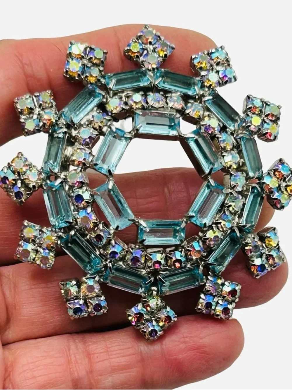 Vintage AB Rhinestone Blue Baguette Circle Brooch